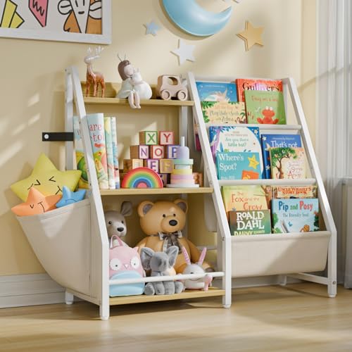 LATIBELL 3 Tier Kids Bookshelf and Toy Storage, Kids Bookcase Book Sling Shelf, Montessori Baby Toddler Bookshelf, Toy Storage Organizer, for Playroom, Bedroom, Nursery (Burlywood)