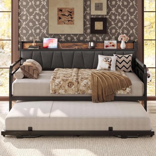 Image of LIKIMIO Twin Daybed, Day Bed Frame with Pop Up Trundle, Grey /Brown | Pop Up Trundle Bed, Storage Upholstered Headboard, Charging Station, Strong Supports for Living Room, Bedroom and Guest Room