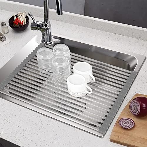 Josmiebo Roll Up Dish Drying Rack, Sink Dish Drying Rack, Kitchen Portable Dish Rack, Multipurpose Square Stainless Steel Sink Drain Rack (Square) 17.5" X 13.5" #TOP6
