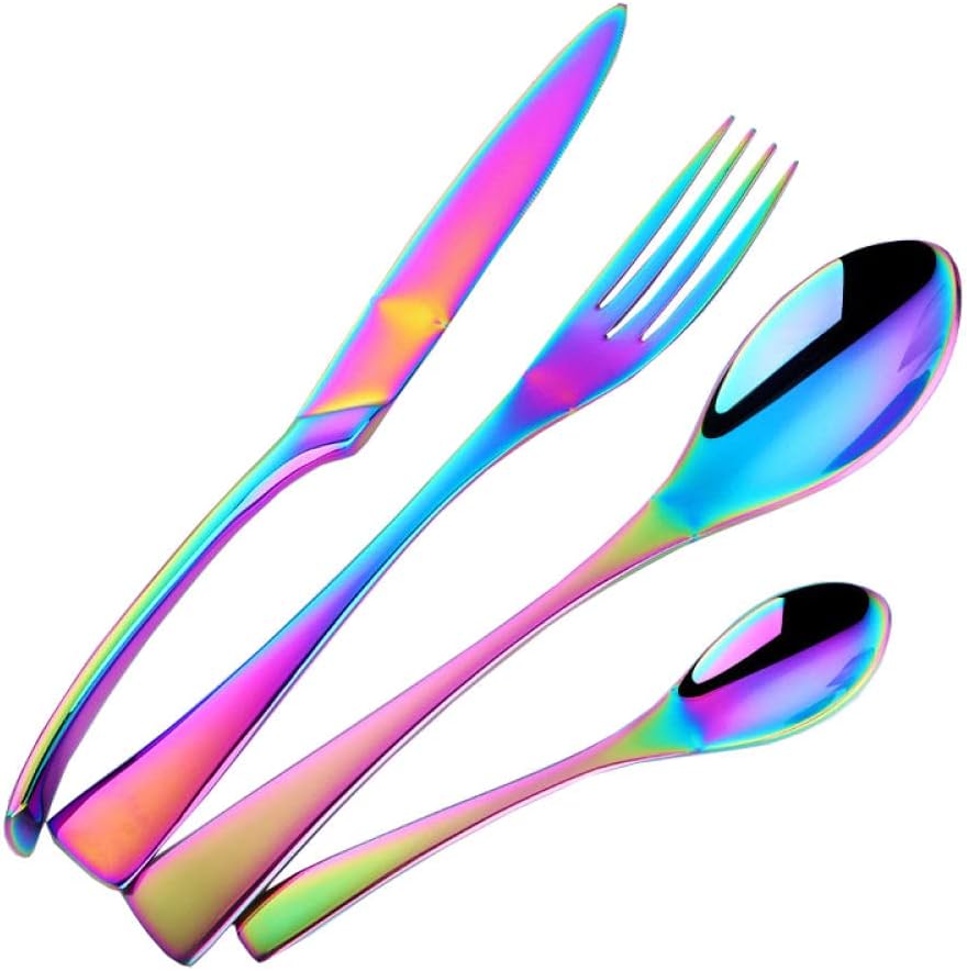 ナイフとフォークのセット 国内正規品 ナイフフォークとスプーンを備えた24ピースのステンレス鋼カトラリーセット 6人用サービス 鏡面仕上げ レインボー24pcs