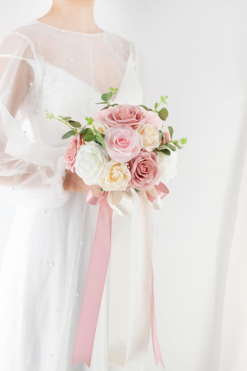 Pink & Champage Wedding Bouquets for Bride Bridesmaids, Bridal Bouquet for Wedding Silk Artificial Flowers