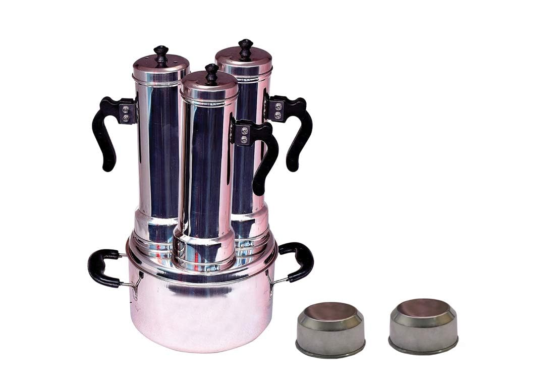 Stainless Steel 3 Plus 1 Puttu Maker with Cap/Puttu Kudam/Induction Friendly Puttu Maker (Silver_20cm x 20cm x 15cm)