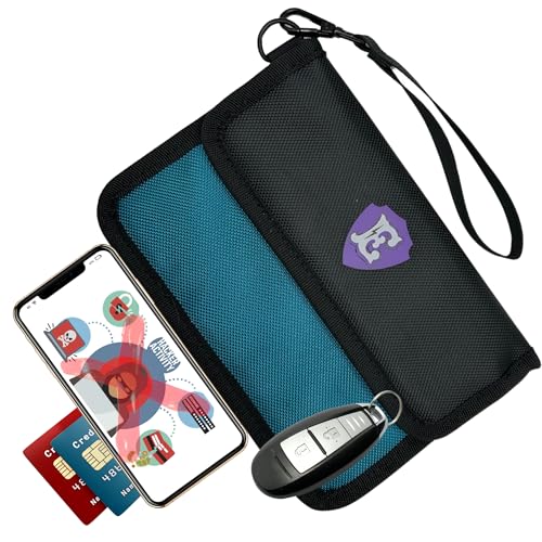 Large Faraday Bags for Phones with Two Pockets, RFID Blocking Sleeves, Signal Blocking Shield, Faraday Key Fob Protector, RFID Faraday Pouch for Key fob w/Removable Handle (Turquoise)