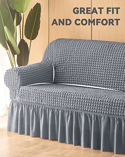 Bluesurge Sofa Slipcover 1 Piece For 3 Cushion Couch Cover With Skirt, Durable Washable High Elastic Stretchable, Easy Fit Universal Furniture Protector (3 Seater, Gray) #TOP3