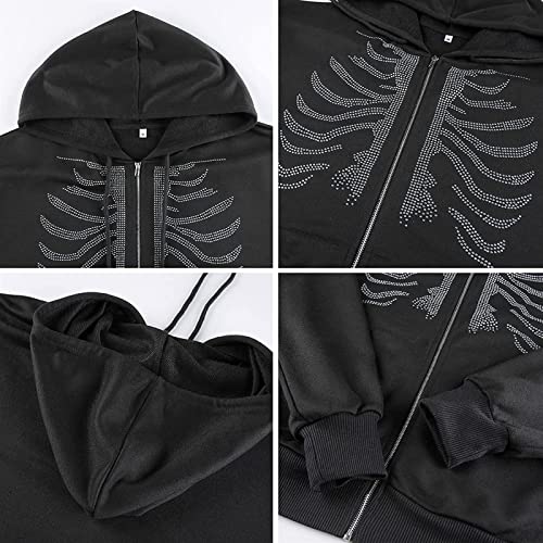 Y2k Zip Up Hoodie com zíper, pulôver, casaco de lã com estampa de esqueleto com estilo gótico e bols