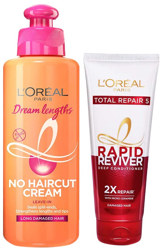 Image of L'OREAL PARIS Dream Lengths No Haircut Cream Leave-In Fresh Conditioner For All Hair Type, 200 millilitre & Rapid Reviver Total Repair 5 Deep Conditioner, 180ml