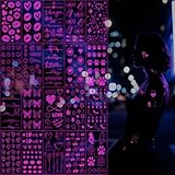 Xmasir UV Neon tatouage temporaire 387 Pcs Pink Night Light Tattoo autocollant faux cœurs imperméables tatouage pour les filles et les femmes corps face art Halloween Party(20P)