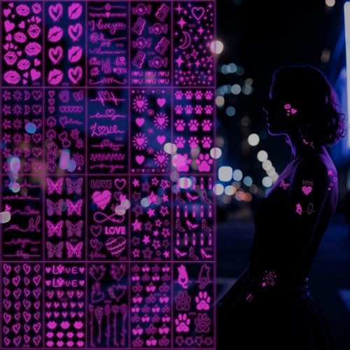 Image of Xmasir UV Neon Temporary Tattoos, 387 Pcs Valentines Pink Tattoo Stickers Heart Shaped Fake Waterproof Glow In The Dark Tattoos for Girls and Women Body Face Art Halloween Party