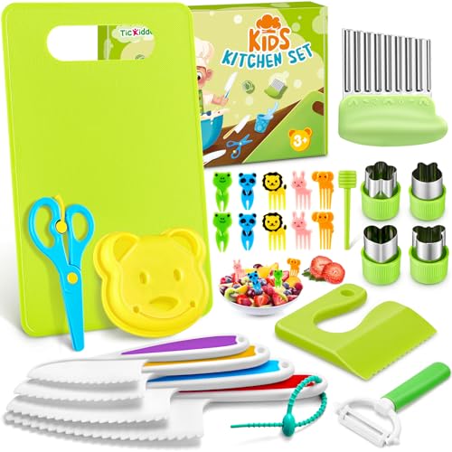 TicKiddos Juego de Cuchillos para Niños, 25 Piezas Juego de Cuchillos Seguro para Niños Incluye Cuchillo de Plástico con Bordes Dentados/ Cortador de Arrugas etc. para Cocinar de Verdad