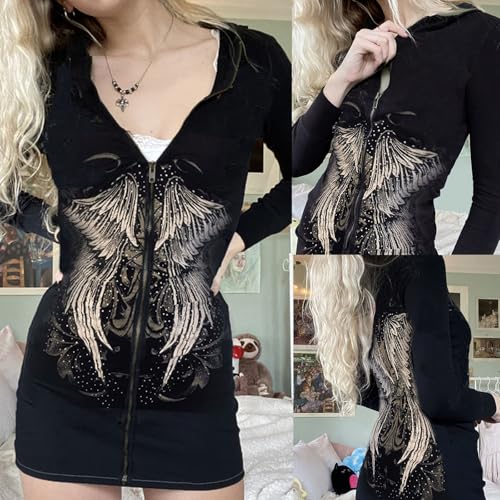 Ralondbey Hoodies Herbst Winter Langarm Sweatshirt Frauen Gothic Punk Reißverschluss Hoodies für Jacke Mini Bodycon Kleid Harajuku Vintage Engelsflügel Druck Paket Hüfte Sweatshirt Slim Cardigan