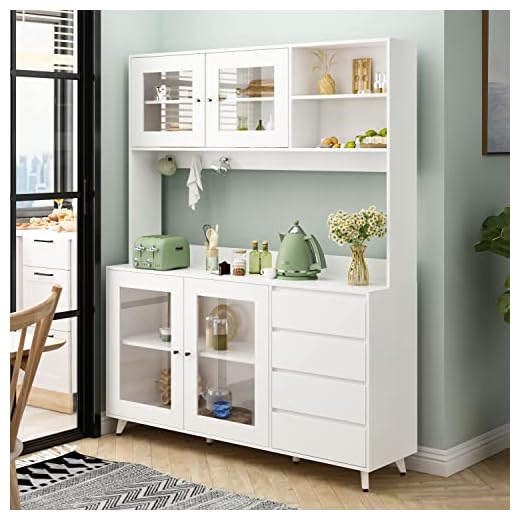 FUFU&GAGA 74.8" Tall Kitchen Pantry Cabinet with 4 Drawers, 4 Doors & Microwave Stand, Freestanding Hutch Cabinet with Buffet Cupboard for Kitchen, Dinningroom (White)