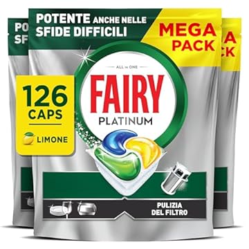 Fairy Platinum Detersivo Pastiglie Lavastoviglie, Brillantante, 126 Capsule Lavastoviglie, Limone, con Sistema Di Prelavaggio Integrato, Efficace nelle Sfide Difficili Contro lo Sporco