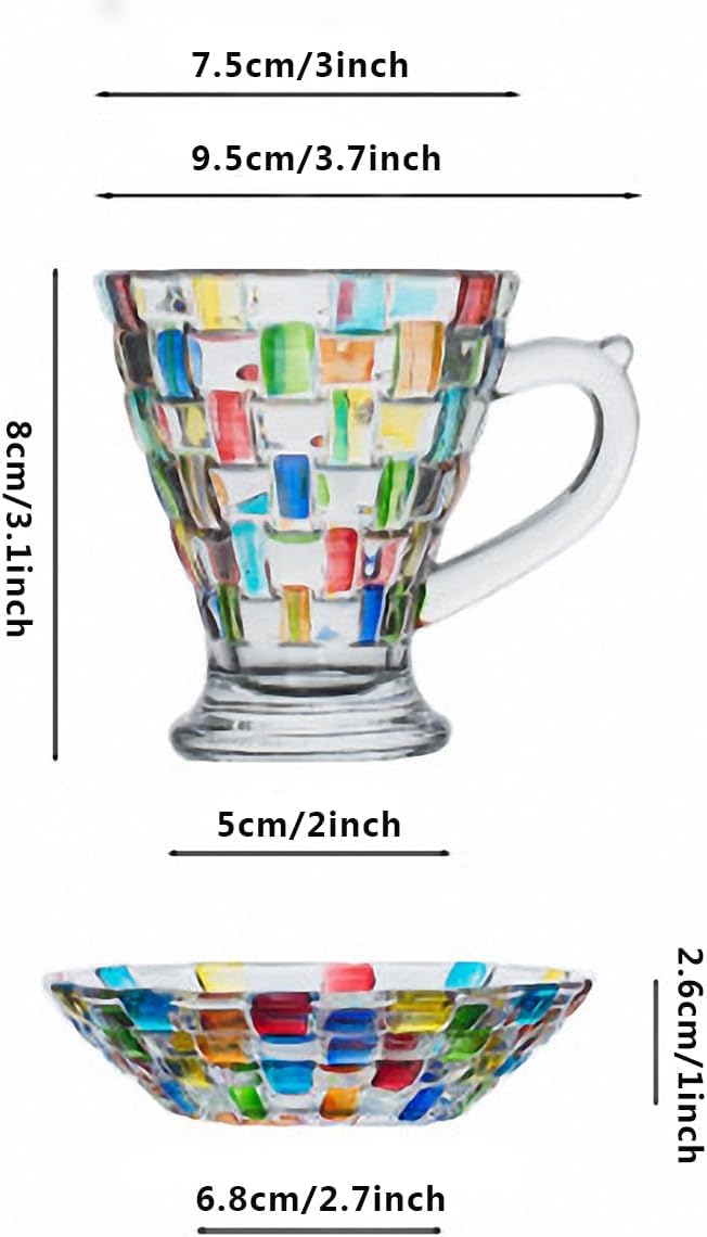 MAGCOLOR Hand Painted Coffee cup and saucer Glass set of 2 Drinking Glasses 5 OZ Colored Painted Latte Glasses for Espresso, Milk.Soda, Juice. Hot Tea, Cappuccino, Mocha, Cocoa.
