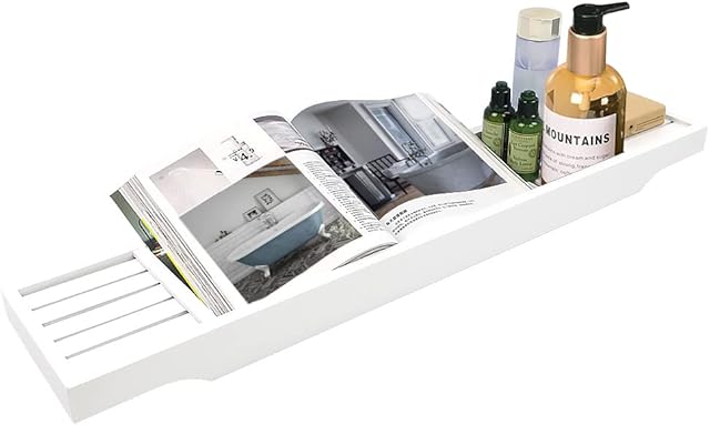 MantraRaj Wooden Bath Caddy Tray Bridge - White Bath Caddy Bamboo Bathtub Tray Rack Tidy Bathroom Shelf Organizer Storage Bath Table for Reading , Tablet, Kindle, Wine Glass Bath Accessories (White)