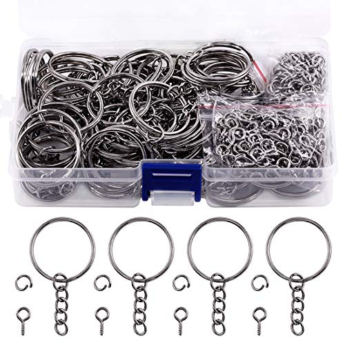 Swpeet 360Pcs 6/5" 30mm Gun-Black Key Chain Rings Kit, Including 120Pcs Keychain Rings with Chain and 120Pcs Jump Ring with 120Pcs Screw Eye Pins Bulk for Jewelry Findings Making (Gun-Black)