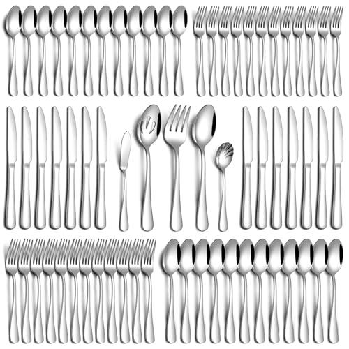 Image of PHILIPALA 65 Piece Silverware Set with Serving Utensils, Stainless Steel Flatware Set for 12 Food Grade Novelty Flatware Cutlery Utensil Set Include Knife Fork Spoon Mirror Polished Dishwasher Safe