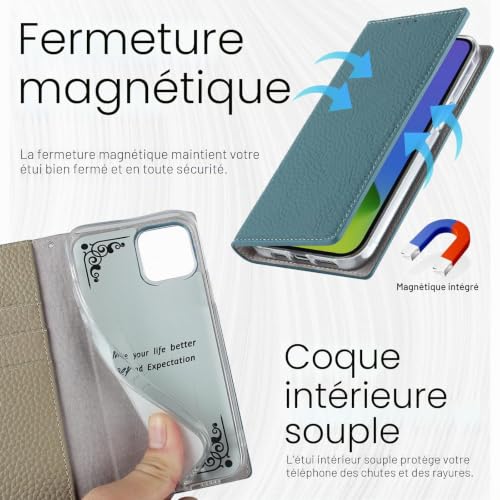 Étui pour iPhone 12 et 12 Pro en cuir véritable bleu clair avec blocage RFID