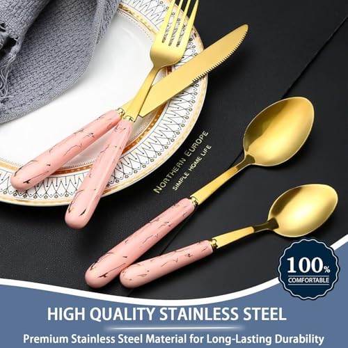 Image of Artek Stainless Steel Spoons, Forks & Knives Set of 24 with Stand and Ceramic Handle Golden Cutlery Set (Pink)