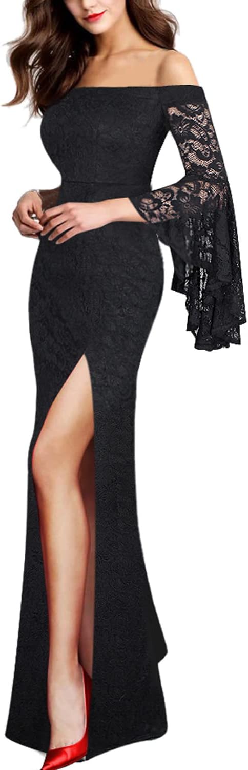 Womens Off Shoulder Bell Sleeve Formal Evening Wedding Party Maxi Dress