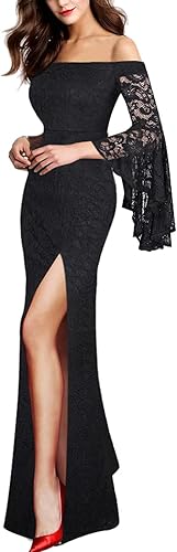 VFSHOW - Vestido largo de noche para mujer con hombros descubiertos y manga acampanada formal para bodas y fiesta