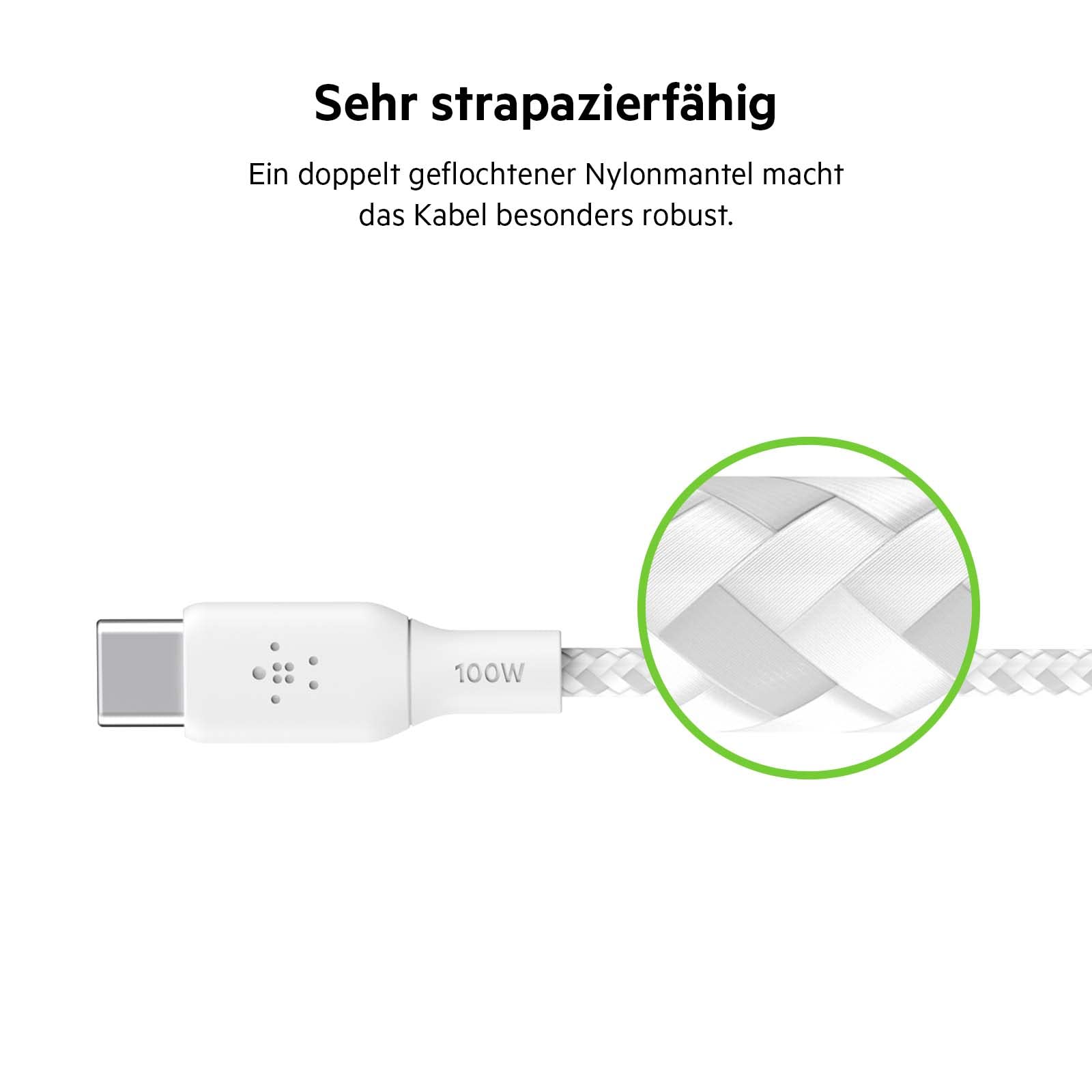 Belkin USB-C/USB-C-Kabel, 100 W Power Delivery USB-IF-zertifiziertes 2.0-USB-C-Ladekabel mit doppelt geflochtenem Nylonmantel, iPhone 17, 16,15, iPad Pro, MacBook, Galaxy S24, Pixel, 2 m - Weiß