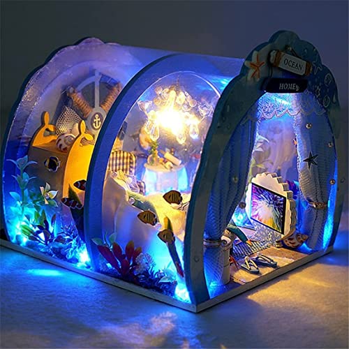 SunaOmni Ocean Tunnel Dollhouse mit Möbeln LED Light Kit DIY Miniatur Holzpuppen Haus romantische Kunst Handwerk Kid…
