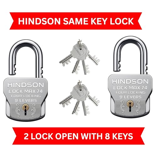 Image of Hindson Lock Max 74 Heavy Duty Padlock Set, 74mm, Silver, 4 Locking Technology, 9 Lever Mechanism, 2 Locks with 8 Same Keys, 610g
