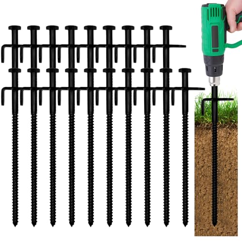Cheardia 20 Pack 8 Inch Tent Stakes, Heavy Duty Canopy Anchors with Metal Top and Spiral Body, Black Non-Rust Camping Stakes for Rocky Place Deserts Snowfield Grassland Inflatables