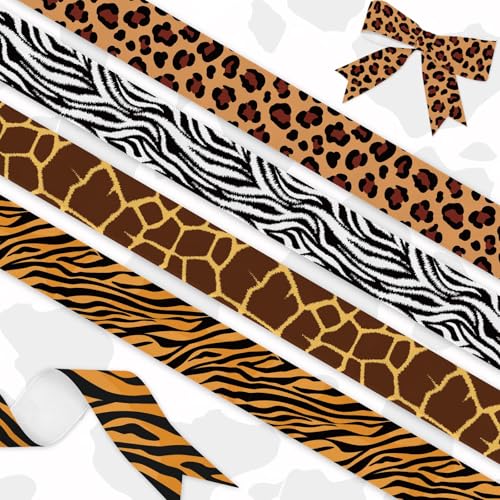 YKW 4 Rolls Wild Animal Print Ribbon Set, 1" Wide x 5 Yards Each, Tiger, Leopard, Giraffe, Zebra Premium Satin for Safari Decor, Crafts, Education | Party Planners,Gift Wrap, DIY Enthusiasts
