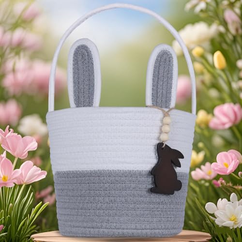 Image of Easter Basket, Empty Easter Baskets for Kids Boys Girls with Bunny Tag Egg Basket Eater Gifts Basket Toddler Teens Babys First Easter Basket with Handle Gray