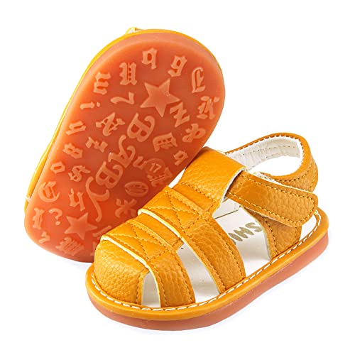 SOFMUO Baby Boys Girls Squeaky Sandals Non-Slip Soft Rubber Sole Closed Toe Infant Summer Outdoor Shoes Toddler First Walkers, A/Brown, 3 Infant