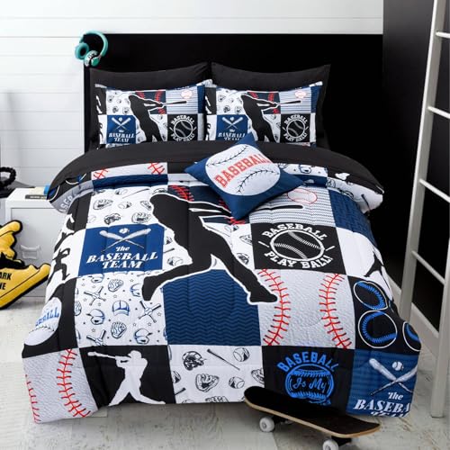 A Nice Night Sports Geometric Grid Black Patchwork Baseball Printed for Boys Twin 6Pcs Bed in A Bag Comforter Bedding Set,Blue