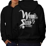 wellcoda Travail Tout journée Dormir Slogan Homme Sweat à Capuche Film  Conception sur Le Dos des Cavaliers