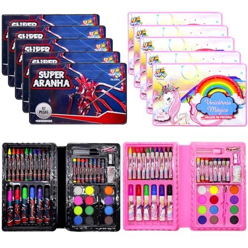 10 Maletas Colorir Artes Estojo Unicórnio e Spider Aranha 42 Peças para Lembrança Festa