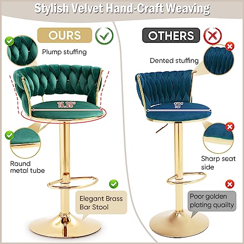 Emerald Green Velvet Bar Stools Set Of 3, Swivel Counter Height Barstools Bar Height Adjustable Counter Stools Kitchen Bar Chairs Upholstered Island Stools Chair Gold Sillas Para Barra De Cocina #TOP5