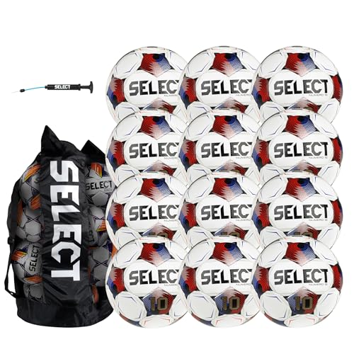Select Numero 10 Soccer Ball, 12-Ball Pack with Duffle Ball Bag and Hand Pump, White/Blue/Red V25, Size 5