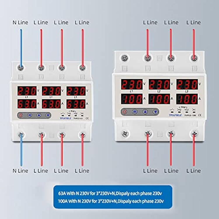 3 Phase Voltage Relay 3P+N Din rail Voltmeter Ammeter adjustable Over and Under Voltage current limit protection Monitor Relays Protector (100A 220V)