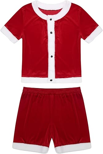 Miniatura 5 de Moily Traje de terciopelo de Papá Noel de terciopelo para hombre, manga corta, botones y bragas sueltas