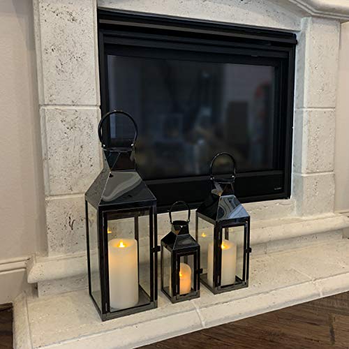 Image of Allgala 3-PC Lantern Set 24 Inch Jumbo Deluxe Modern Indoor /Outdoor Candle Lantern Set Black Stainless Steel Frame Tempered Glass Pyramid Top for Garden Poolside Fireplace Wedding