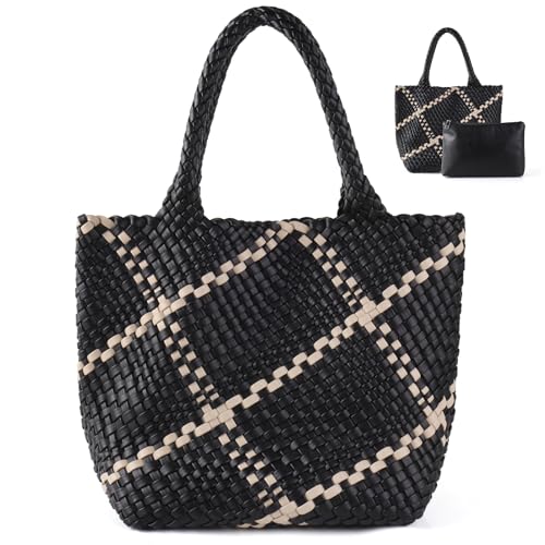 IwIeIaIrI Soft Woven Tote Bag for Women,Large Fashion Woven Leather Shoulder Bag with Purse for Summer Beach Travel