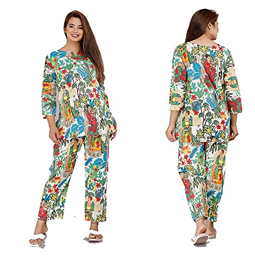 Night Suit Nighty with Pant Nightdress Night Gown for Women Pant Robes Shrug Night Wear Dress Nightwear Female for Honeymoon Cotton Kaftan Nightwear Bath Robe Nightgown Green (Type1)