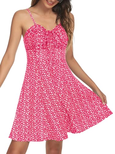 Image of Missufe Spaghetti Strap Floral Mini Dress Women's Casual Ruched Front Drawstring Swing Sundress