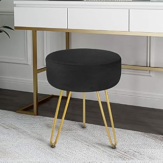 SCRIPTRACT Footstool Velvet Round Footrest Ottoman Modern Dressing table stool, Shoe Bench for Living Room Bedroom with 3 Golden Metal Leg(black)
