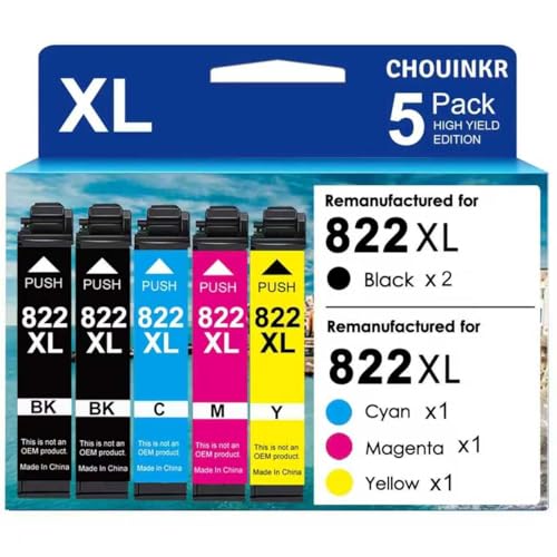 for 822XL Ink Cartridges Latest Upgrade Remanufactured for Epson 822XL 822 XL Ink Cartridges Use with WF-3820 WF-3823 WF-4820 WF-4830 WF-4833 WF-4834 Printer (2 Black Cyan Magenta Yellow, 5 Pack)