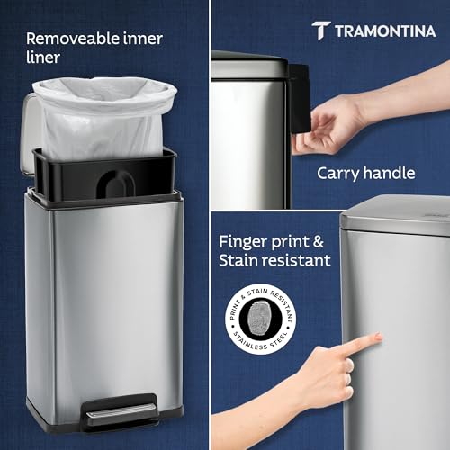 Image of TRAMONTINA 49 Litre Stainless Steel Step Dustbin | Fingerprint-Resistant Finish | Soft-Close Lid | Removable Inner Bucket | Large Trash Can for Office & Hospitality