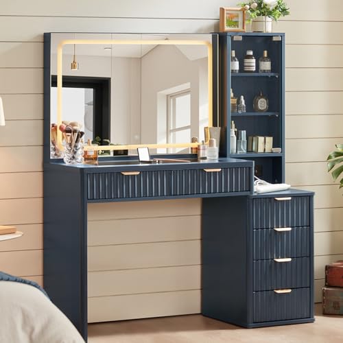 LEYAOYAO Fluted Makeup Vanity Desk with Mirror and Lights, 43.5'' | Glass Top, Power Outlet, Make Up Vanity with 6 Drawers and Adjustable Shelves for Bedroom