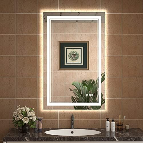 QueenFun 24x36 LED Bathroom Mirror with Light,Front and Backlit 3 Color Smart Mirror Bathroom,UL Square Double Light Strips LED Mirror,Anti-Fog,Memory&Stepless Dimming Wall Mirror for Home Decor