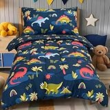 PHF 4 Piece Toddler Bedding Set, Ultra Soft Toddler Comforter Sets Include Comforter, Fitted Sheet, Flat Top Sheet and Pillowcase for Boys Girls, Bed in A Bag for Toddler Bedroom, Navy Dinosaur