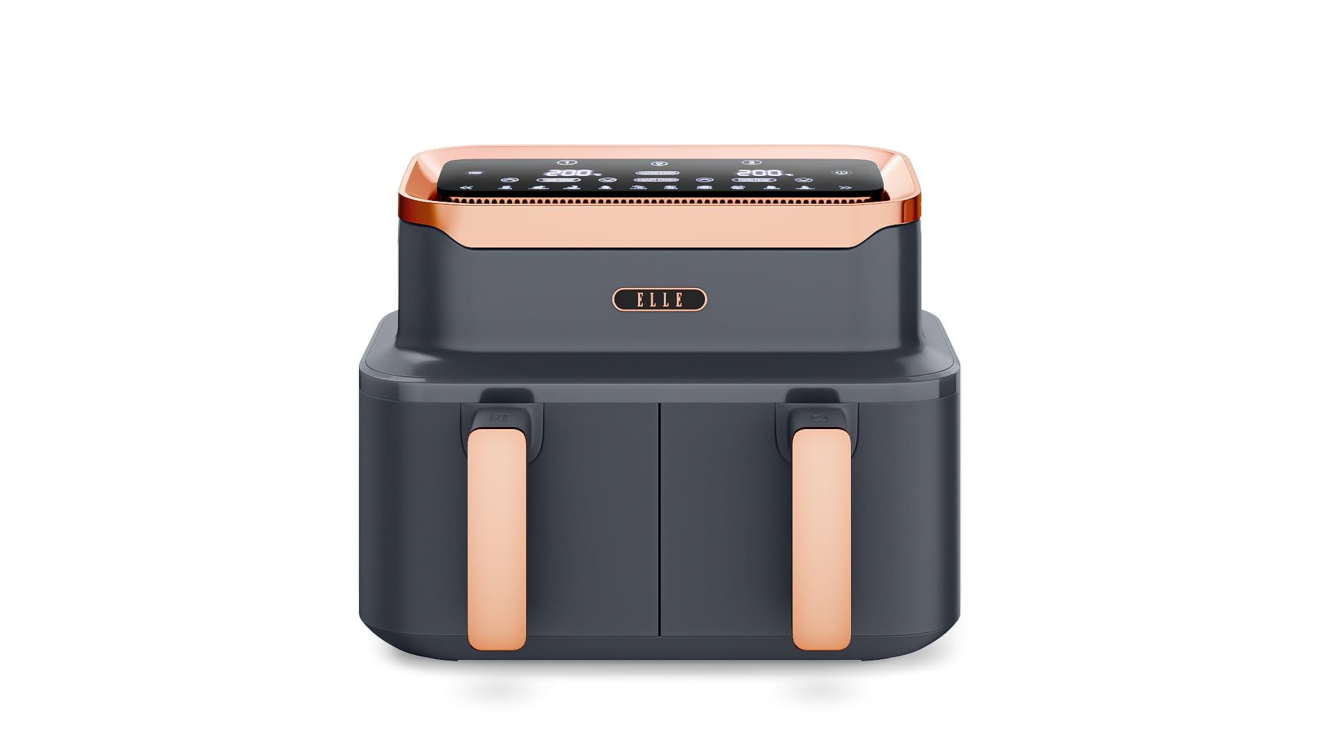 ELLE Dual Air Fryer Grey with Rose Gold, 10-in-1 Cooking Methods, Oil Free Cooking, Non-Stick & Dishwasher Safe, Smart & Match Cook (Dual Basket)