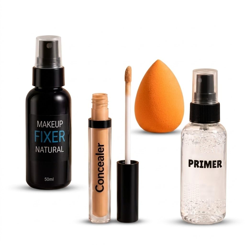 Flawless Base 4-in-1 Makeup Combo Kit – Professional Face Primer, High-Coverage Liquid Concealer, Matte Setting Fixer Spray (50ml), and Beauty Blending Sponge